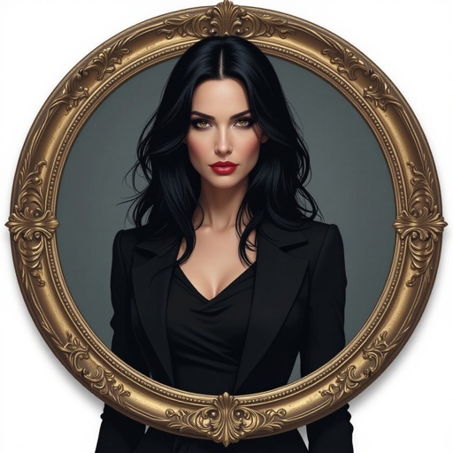 Show character head to toe. Create a mid age mysterious woman jet-black hair is cut sharpand her eyes seem to pierce through darkness. A shadowy aura clings to her form,