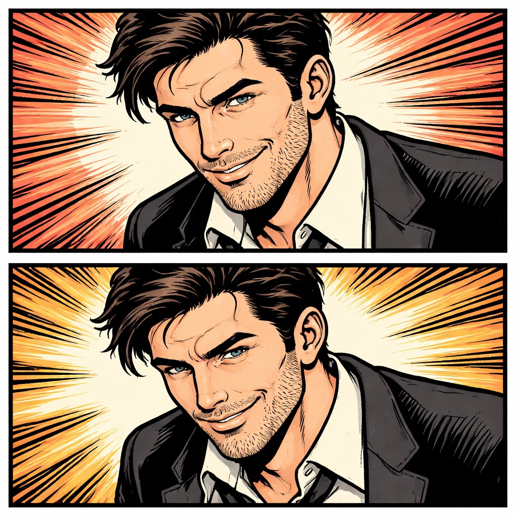 Handsome man with sly expression.3/4 view. Headshot. 2 panels.
