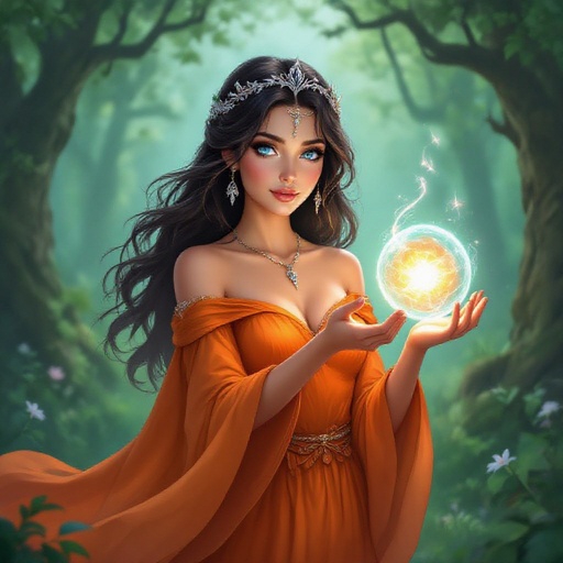 Princess. 40 years old. Olive skin. Blue eyes. Dark hair. Wearing orange dress. 