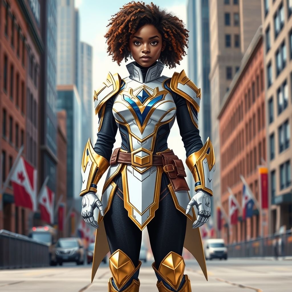 A teenage African American female superhero with curly hair in a shoulder length side part style  wearing a slightly medievally armored white and Gold suit with blue accents and a stylized V as her chest emblem a utility belt and gold boots standing in Philadelphia  