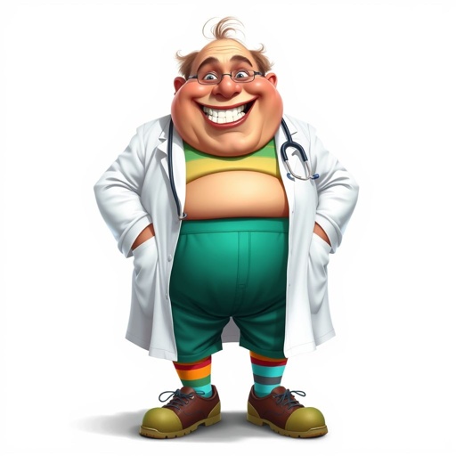 .. create a fat doctor. Who is funny human looking from head to toe. And he always immediately results to surgery for anything even small things. So please be sure to show his whole outfit head to toe. Make him have 1 tooth. Make it more adult humor instead of cartoon humor.
