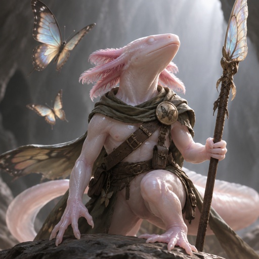 His name is Olm a blind cave Salamander, no eyes, transformed into a warrior by the Ancient Big butterflies, to help stop extinction of endangered species,