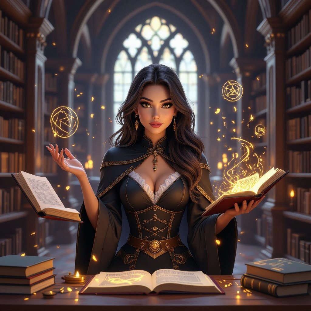 A semi-realistic, fantasy-parody portrait of Mythanna Junedae, the High Elf Wizard of Abjuration known as The Enigmatic Librarian.  Scene & Lighting Set within the Eight Mages Academy library — tall rune-lit shelves and drifting motes of golden dust. Warm candlelight mixes with cool magical glow from abjuration sigils swirling faintly around her. The tone balances academic gravitas with theatrical flair — tongue-in-cheek fantasy parody realism.  Appearance Mythanna stands in a confident, slightly playful pose, one hip cocked, surrounded by hovering spellbooks and glowing ward-circles. Her expression is both coy and calculating — the smile of someone who knows far more than she lets on. She has brunette wavy hair, luminous elven features, and expressive brown eyes that catch the light of the runes. Her ears are prominent and elegantly pointed. Her skin tone is soft fair ivory with a faint warm flush.  Iconic Outfit (Hard-Locked) • White blouse with puffed sleeves and a black ribbon bow at the collar. • Black rune-stitched corset worn over the blouse, fitted and elegant. • High-waisted black-and-white polka-dot skirt, ending mid-thigh. • Dark thigh-high stockings leaving a bare-thigh gap visible. • Shin-high rune-stitched boots, practical yet fashionable. • A small pearl pendant rests at her throat — her arcane focus. • Hat of Wizardry, decorated with tiny polka-dot runes and a faint magical shimmer, sits jauntily atop her hair.  Magic & Effects • Glowing golden abjuration sigils orbit around her hands and wrists. • Several floating tomes hover nearby, their pages turning of their own accord. • A soft halo of protective wards (circles and geometric lines of light) surrounds her body, subtly transparent. • Her Pearl of Power glows at her throat, pulsing in sync with the wards. • She holds her Wand of Magic Missiles, carved and polished, faintly glowing at the tip.  Composition Full-body portrait framed from head to shins, 2:3 aspect. Candle-warm foreground light with cool sigil back-glow. Parody-fantasy realism style — equal parts glamorous and arcane.