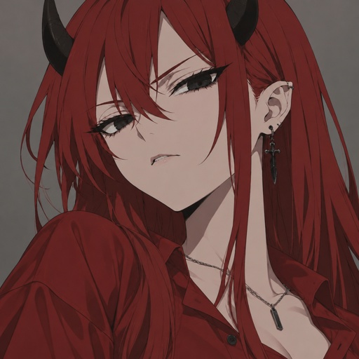 a woman with long red hair and horns on her head