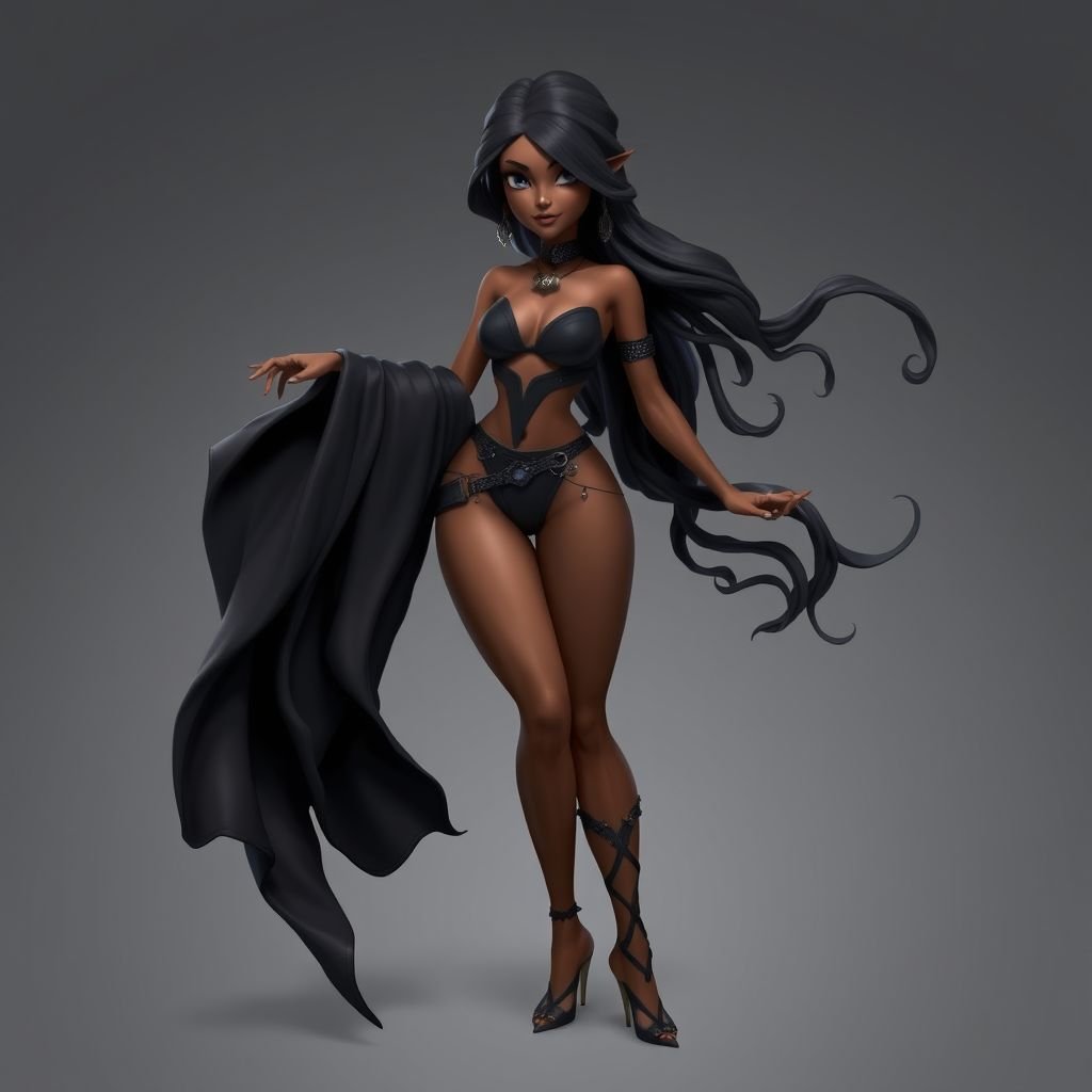Create character hero Veyra of Shadows – A lithe, mysterious brown complexion woman draped in layered black silks that move like smoke around her. With jet-black hair. Show her whole body head to toe including her shoes.