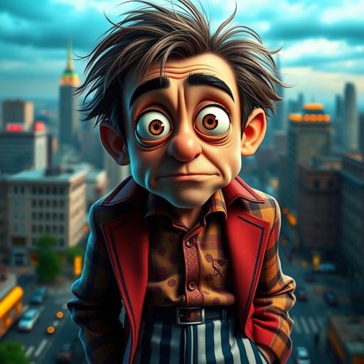 Create a funny looking paranoid man in the world, with a not so stylish outfit head to toe