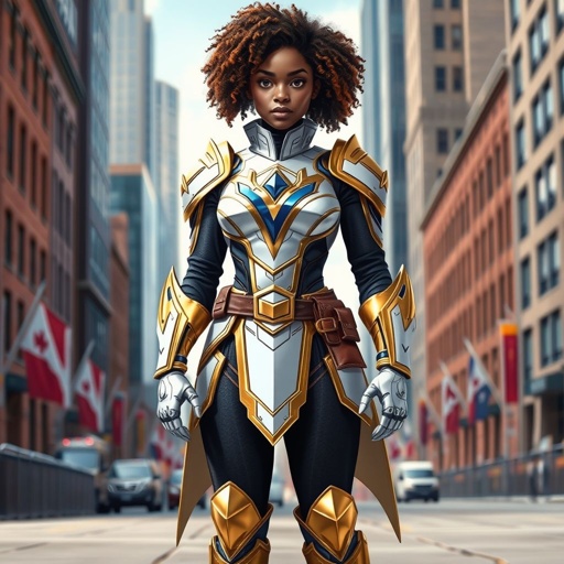 A teenage African American female superhero with curly hair in a shoulder length side part style wearing a slightly medievally armored white and Gold suit with blue accents and a stylized V as her chest emblem a utility belt and gold boots standing in Philadelphia