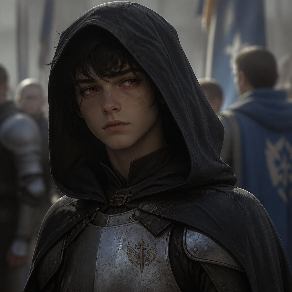 Red eyes and dark hair always has their hood up and usually wearing armour and is the child of a villain but trying to fit in with the hero’s