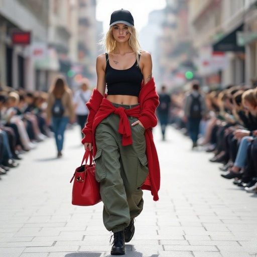 Grey/brown hair white skin scratches all over her face green baggy pants black tank top a red cardigan around her waist with green eyes a black cap and