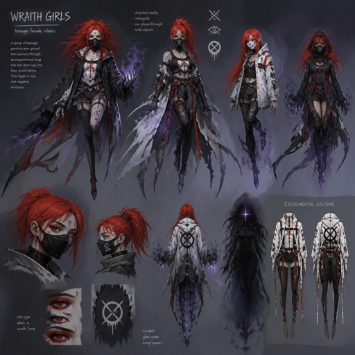 Female villain with wraith powers, teenager, red hair, floating, mask, cool costume, experiment, multiple of the same character 