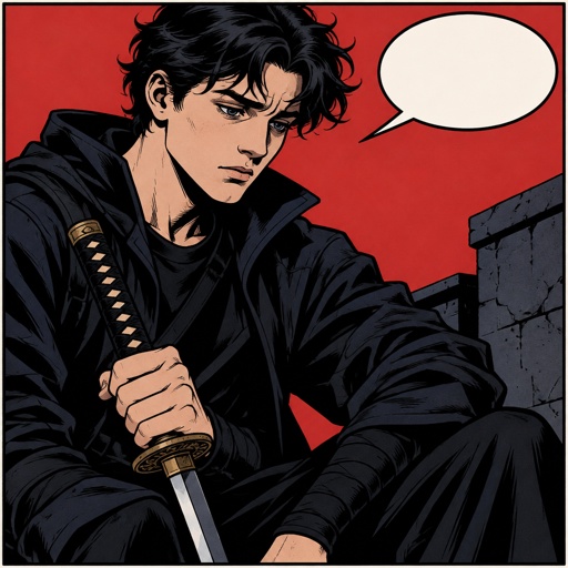 Attractive 17 year old, White skin tone, tall, medium length wavy black hair, holding a katana, wearing dark colored clothes, and a sad look in his face. (Similar to Megumi fushiguro) 