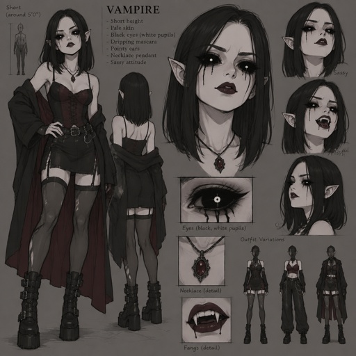 Female, straight black shoulder length hair, no bangs, vampire, white skin, completely black big eyes, white pupils, dripping mascara, dark lipstick, short, necklace pendant, sassy, pointy ears, concept,