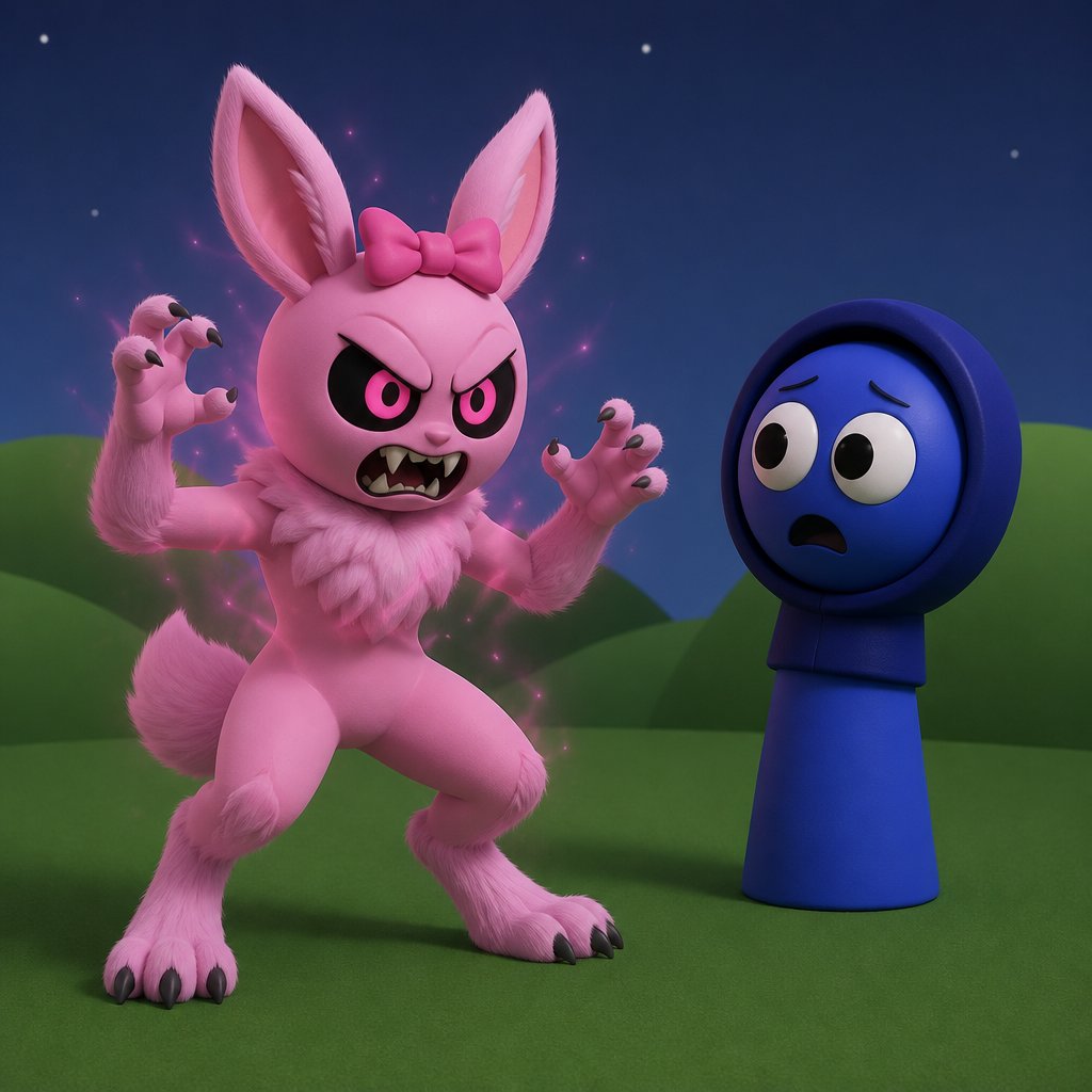 Pinki from sprunki starting to turn into her kind Wererabbit self in front of Jevin from sprunki with her legs and tail transforming and then her arms and then her ears and her neck gets fluffy and then she’s fully transformed with her eyes being black and pink