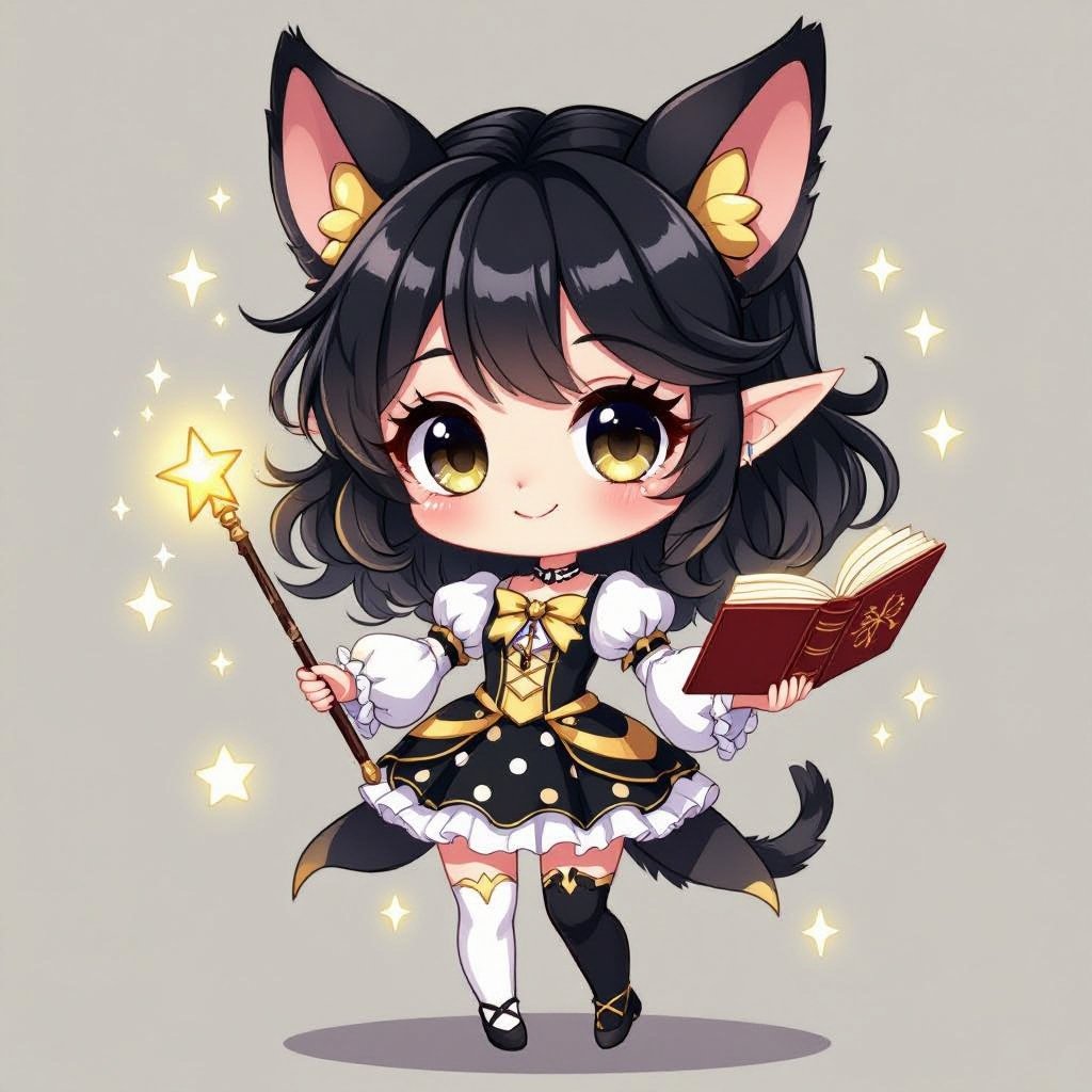 A semi-realistic, fantasy-parody portrait of Mythanna Junedae, the High Elf Wizard of Abjuration known as The Enigmatic Librarian. Scene & Lighting Set within the Eight Mages Academy library — tall rune-lit shelves and drifting motes of golden dust. Warm candlelight mixes with cool magical glow from abjuration sigils swirling faintly around her. The tone balances academic gravitas with theatrical flair — tongue-in-cheek fantasy parody realism. Appearance Mythanna stands in a confident, slightly playful pose, one hip cocked, surrounded by hovering spellbooks and glowing ward-circles. Her expression is both coy and calculating — the smile of someone who knows far more than she lets on. She has brunette wavy hair, luminous elven features, and expressive brown eyes that catch the light of the runes. Her ears are prominent and elegantly pointed. Her skin tone is soft fair ivory with a faint warm flush. Iconic Outfit (Hard-Locked) • White blouse with puffed sleeves and a black ribbon bow at the collar. • Black rune-stitched corset worn over the blouse, fitted and elegant. • High-waisted black-and-white polka-dot skirt, ending mid-thigh. • Dark thigh-high stockings leaving a bare-thigh gap visible. • Shin-high rune-stitched boots, practical yet fashionable. • A small pearl pendant rests at her throat — her arcane focus. • Hat of Wizardry, decorated with tiny polka-dot runes and a faint magical shimmer, sits jauntily atop her hair. Magic & Effects • Glowing golden abjuration sigils orbit around her hands and wrists. • Several floating tomes hover nearby, their pages turning of their own accord. • A soft halo of protective wards (circles and geometric lines of light) surrounds her body, subtly transparent. • Her Pearl of Power glows at her throat, pulsing in sync with the wards. • She holds her Wand of Magic Missiles, carved and polished, faintly glowing at the tip. Composition Full-body portrait framed from head to shins, 2:3 aspect. Candle-warm foreground light with cool sigil back-glow. Parody-fantasy realism style — equal parts glamorous and arcane.