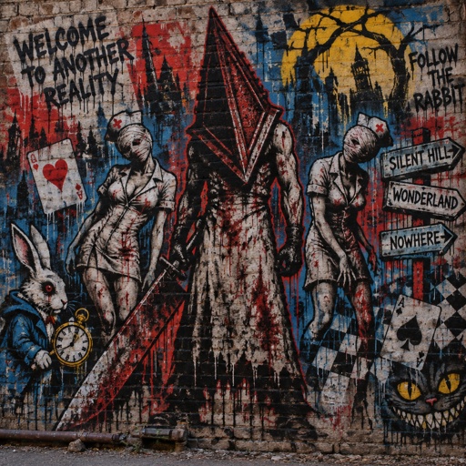 Silent Hill with pyramid head and the nurses with an Alice and wonderland spin