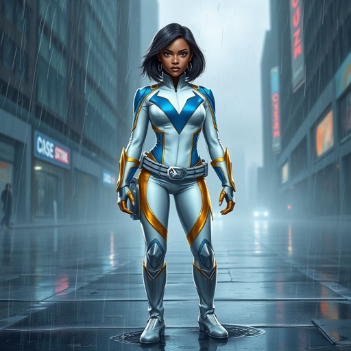 A teenage African American female superhero with hair in a shoulder length side part style wearing a white and Gold suit with blue accents and a stylized V as her chest emblem a utility belt and silver boots standing in Philadelphia during a rain storm