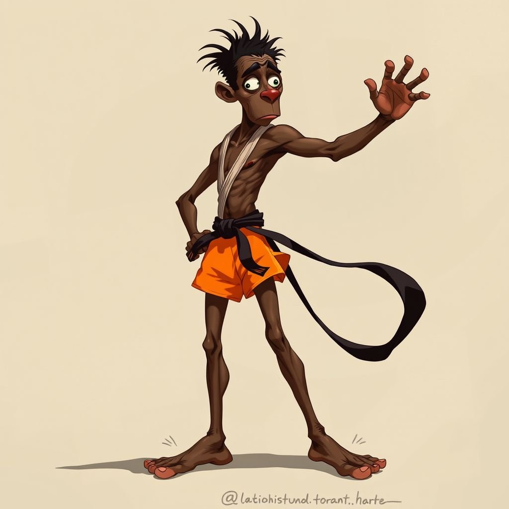 Create a character who looks like a funny African karate guy who doesn’t have a clue what he is doing. Make him have weird toes, only speedos on and a black karate belt. Make him tal skinny and slinky.