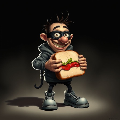 Create a funny looking clumsy sandwhich thief with funny shoes on. Make him have on the bandit black thing around his eyes 