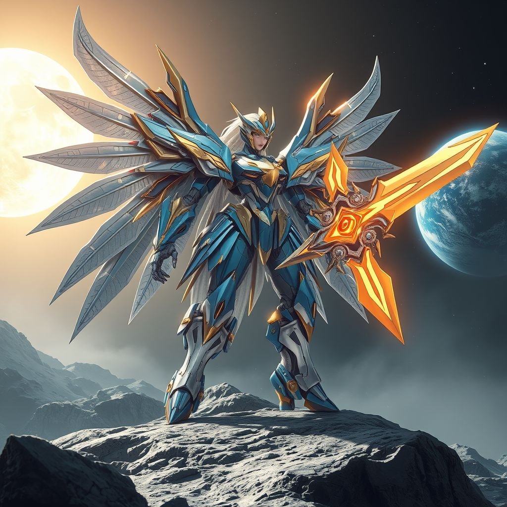 A blue white and gold feminine built mech with a giant flaming sword and metal wings standing on the moon with the earth in the background