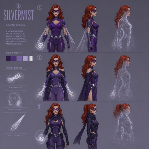 Female superhero with silver abilities and invisibility, mask, red hair, purple palette, cheekbones, multiple of the same character 