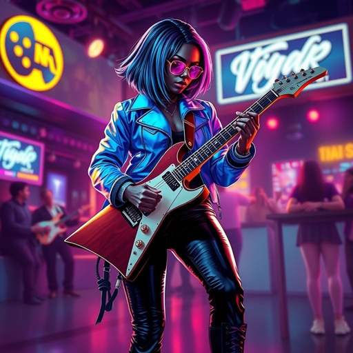 African American female cyberpunk with shoulder length hair in a layered side part style wearing a glowing blue jacket rose gold and purple shades and black jeans with black boots playing a Flying V electric guitar in a club