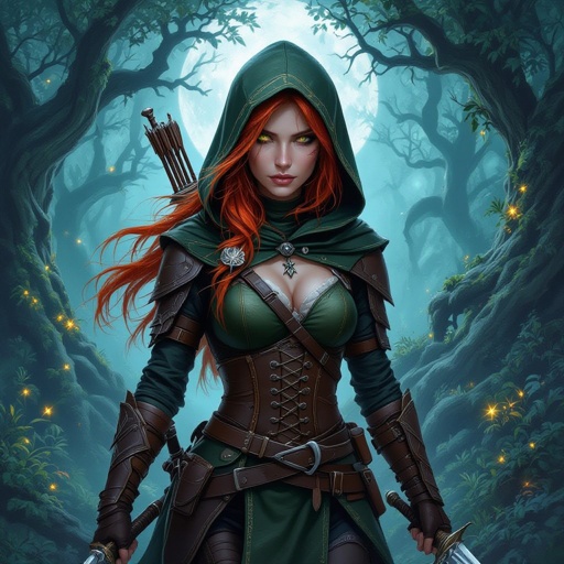 A red haired half elf female rogue with a hood