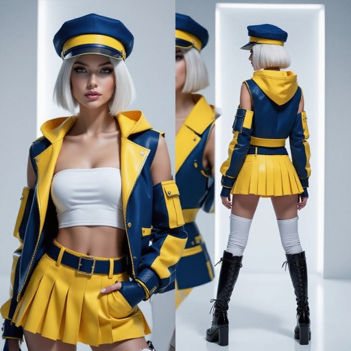 A stylish young woman with platinum blonde bob-cut hair, wearing a sleek indigo and yellow outfit inspired by futuristic street fashion. She wears a fitted indigo cap with a bold yellow band, a sleeveless indigo and yellow hooded vest left open to reveal a low-cut white tube top. Her yellow pleated mini skirt has indigo accents and a matching belt. She also wears white torn thigh-high leggings and tall black lace-up combat heel boots. The lighting is studio-bright with a clean background, emphasizing her confident pose and the sharp contrast of the outfit colors.