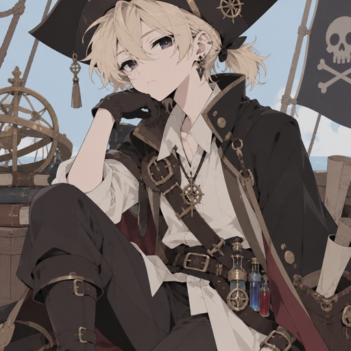 Alchemist witch pirate girl with boy look with pony tail and boy clothes and has blond hair and onyx eyes with hue of rainbow white pale skin 