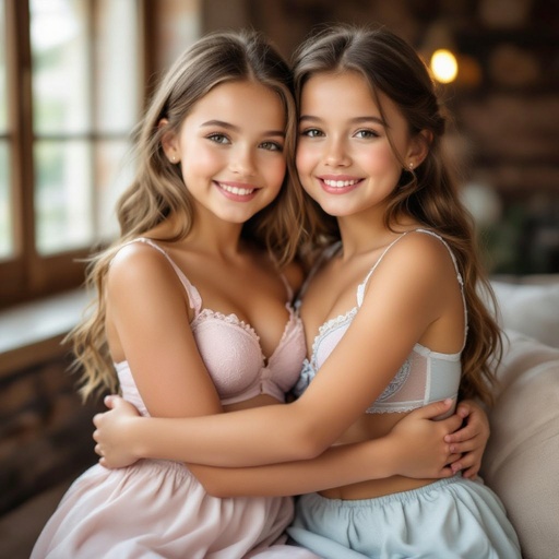 Twin girls in bras hugging 