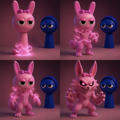Pinki from sprunki starting to turn into her kind Wererabbit self in front of Jevin from sprunki with her legs and tail transforming and then her arms and then her ears and her neck gets fluffy and then she’s fully transformed with her eyes being black and pink