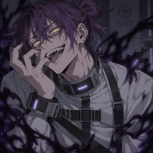 Male,middle child,early 20s,messy hair in a bun violet,yellow eyes that can see in the dark,clean shaven ,sharp teeth,chaotic,unpredictable,little unstable,has dark deadly powers from experiment he went through to help him when he was very I’ll,gadgets to keep him in check,is use as a special agent know,has hard time getting along with older sister after there parents pasted away,gets into arguments with her a lot 