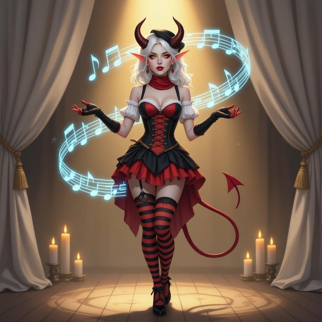 A semi-realistic fantasy portrait of Evangeline Ivey, the Fierna Tiefling Bard of the College of Glamour, captured mid-performance on her candlelit stage.  She stands full-body beneath soft golden light, ivory curtains draped behind her, and glowing blue musical notes spiraling through the air as if alive with her magic. Her porcelain-pale skin (#F3EDEB) gleams in the warm light, contrasting against her long silver-white hair (#D6D6DA) cascading around her shoulders. Her amber-gold eyes (#C88C21) are wide with theatrical expression, her mouth open in mid-song or gasp. Dark brown ridged horns (#4A3A2C) curve elegantly from her brow, and her pale devil’s tail curls behind her, tipped red-and-black like an exclamation mark of performance.  Outfit — “Infernal Mime” Parody Costume: • Black-and-deep-red striped bodice with suspenders and gold buckles • Short flared skirt trimmed with faint gold edge • Matching striped thigh-high stockings and long fingerless gloves • Red silk neck scarf tied neatly at her throat • Black heeled shoes and beret with her horns peeking through  Scene & Lighting: Warm candlelight and soft shadows create a theatrical glow across the stage floor and her form. The air is alive with faint magical motes shaped like music notes, curling around her in shimmering blue light.  Mood & Expression: Expressive, whimsical, and dramatic — a parody of classic mimes infused with bardic flair. Evangeline’s pose is mid-gesture, both hands raised as if she’s frozen between song and spell, her eyes alight with mischievous emotion and glamourous command.