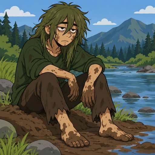 Male,long messy mossy green hair,long dark green shirt,dark brown pants,barefoot,droopy eyes,muddy feet hands and skin, mud smeared on face