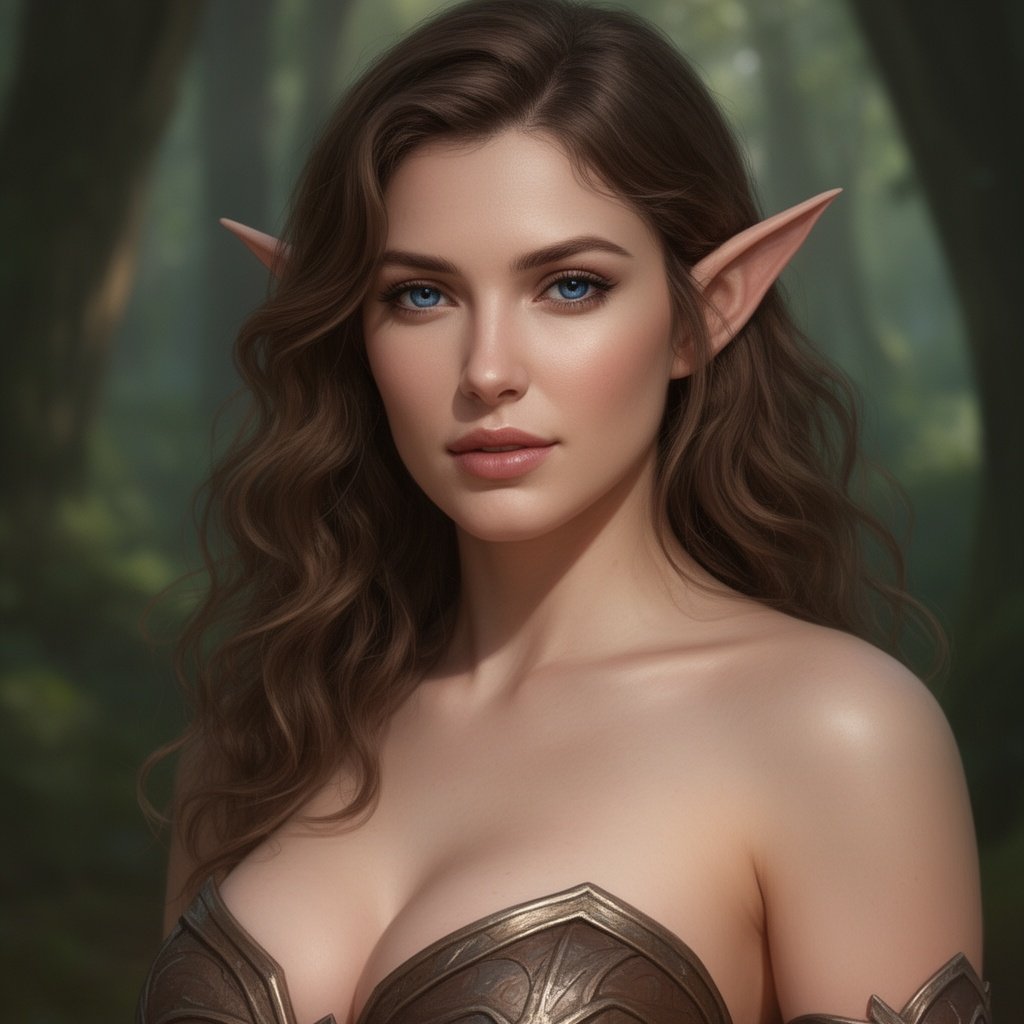 Scantily clad female elf with brown wavy hair and blue eyes. She is seductive and poised.