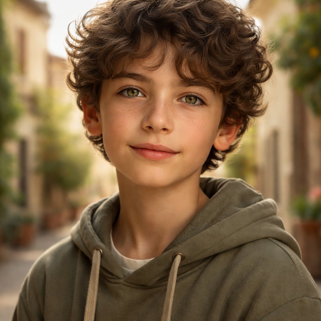 An 11 year old Italian boy with a kind, loyal expression, curly brow hair and goldish green eyes
