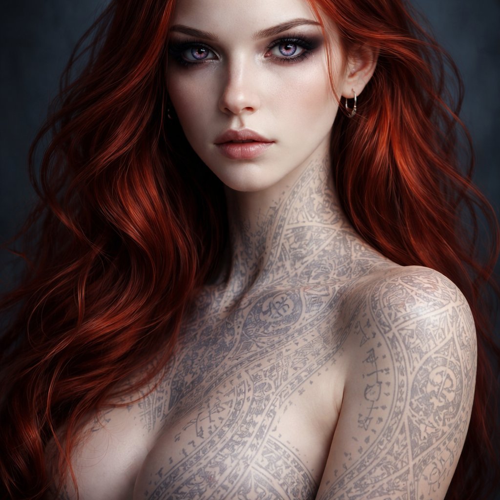 A red haired woman with pale skin, runic tattoos all over her body and amethyst eyes