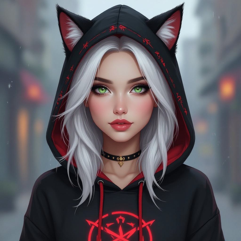 Młoda kobieta. Włosy do ramion, prawa połowa włosów biała, lewa połowa włosów czarna. Okrągła twarz. Szaro-zielone oczy. wąskie usta. Ubrana w czarno czerwoną bluzę z kaptórem z kocimi uszkami.