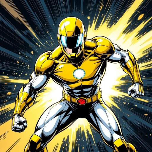 SOLAR SOLDIER. Blinding yellow and white bodysuit. Helmet with Visor