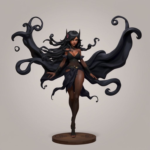 Create character hero Veyra of Shadows – A lithe, mysterious brown complexion woman draped in layered black silks that move like smoke around her. With jet-black hair. Show her whole body head to toe including her shoes.