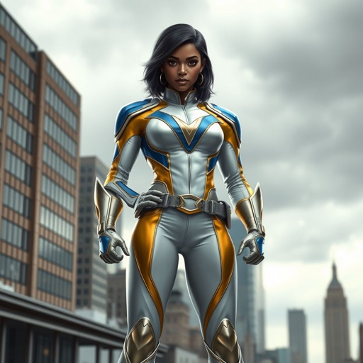 A teenage African American female superhero with hair in a shoulder length side part style wearing a partially leather white and Gold suit with blue accents and a stylized V as her chest emblem a utility belt and silver boots standing in Philadelphia during a cloudy day