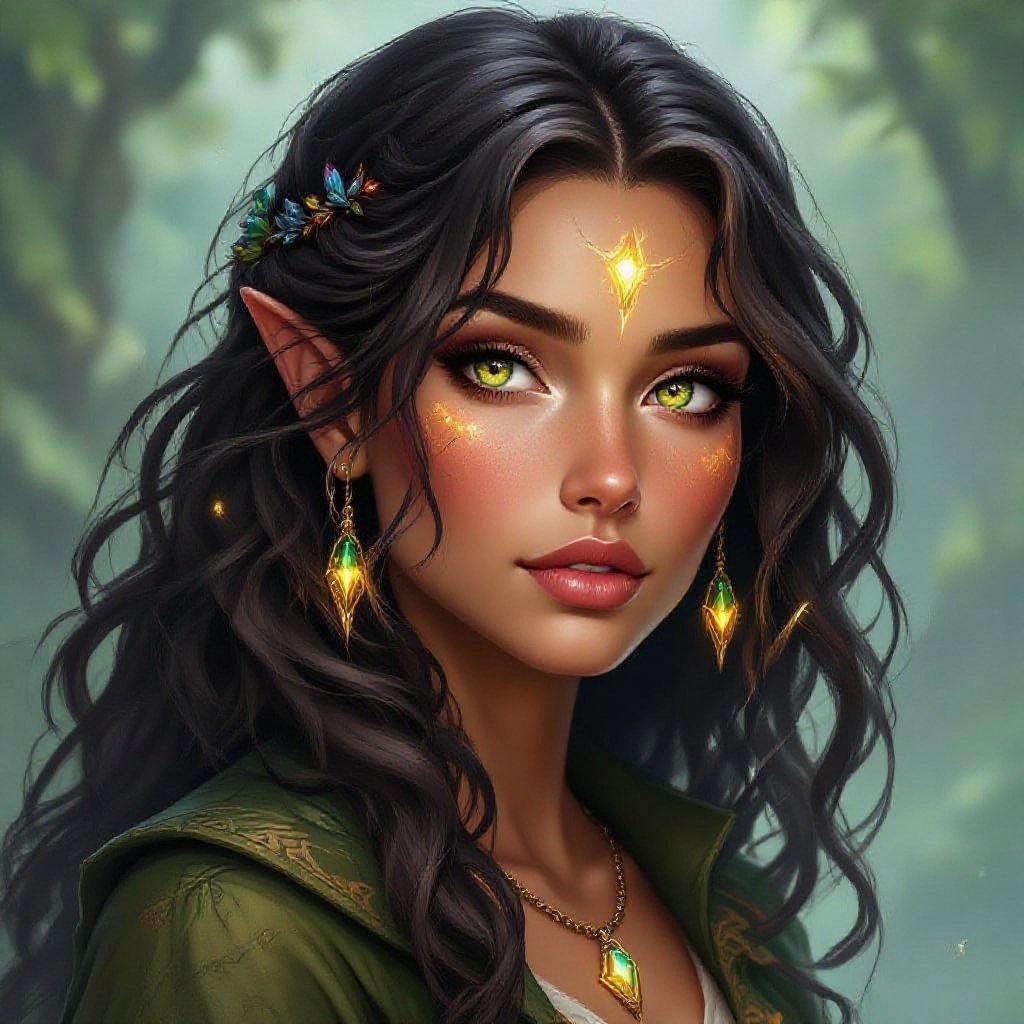 Her skin has the texture of smooth river stone—warm browns streaked with mineral veins that glow faintly when she casts. Her hair falls in heavy, dark waves threaded with tiny flakes of mica. Her eyes are wide, deep, soft; they crackle with buried intelligence like shifting tectonic plates. Earth Genasi wizard
