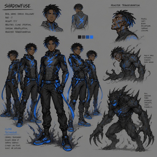 Male superhero with fear abilities, cool costume, can transform into a terrifying humanoid monster, African American, teenager, dreads blue tips, multiple of the same character 