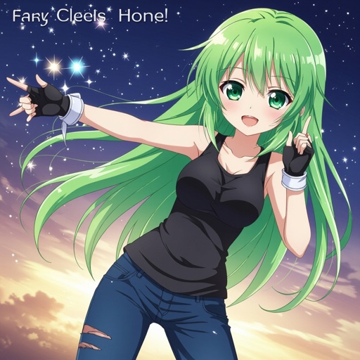 Green hair, blonde bangs, green eyes, black sleeveless top, midnight blue Jeans and white fingerless gloves