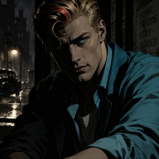 Male, blonde greased brushed back hair, curl on forehead, red streak in hair, scar on lip, blue eyes, slim, designer, cyan casual clothes,