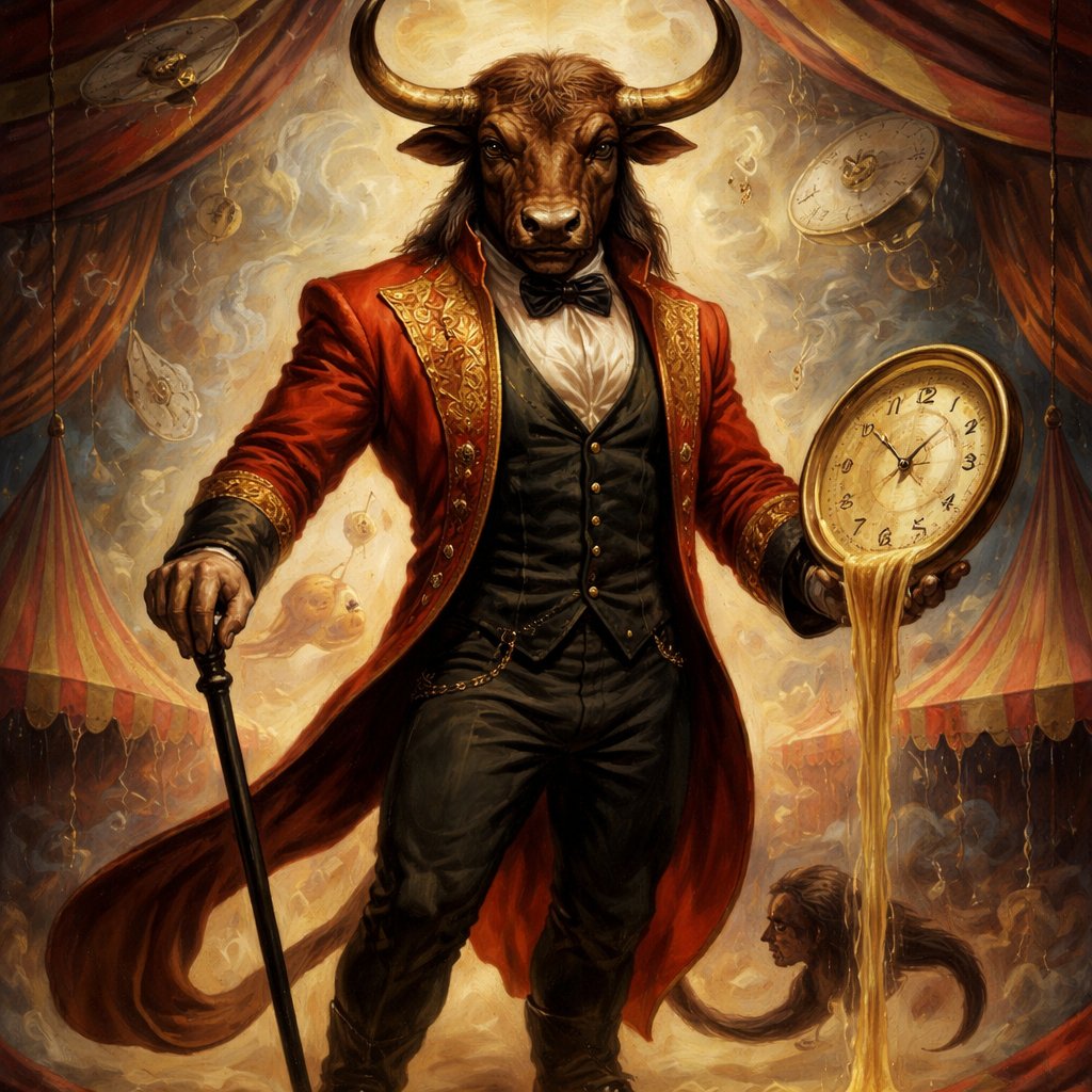 A male chestnut brown Minotaur with deep set cattle like brown eyes, large powerful gleaming horns like his fathers, a well~proportioned figure/body at lest 6 foot tall, long tail. He works at freak show as the ringmaster and his abilities are Reality Rejection, Time Manipulation (Chronokineses), Zoolingualism (Language of Cattle only), Human Speech. His mother is a human with half-animal (Cretan Cattle) physiology and his father is a Cretan Bull.