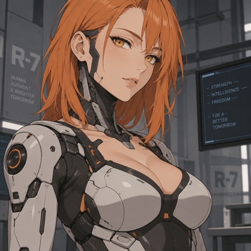 Cyborg, adult woman, orange hair shoulder length, golden eyes