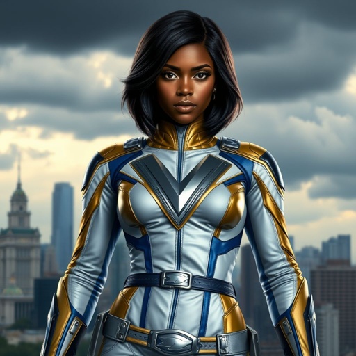 A teenage African American female superhero with hair in a shoulder length side part style wearing a mask wearing a partially leather white and Gold suit with blue accents and a stylized V as her chest emblem a utility belt and silver boots standing in Philadelphia during a cloudy day