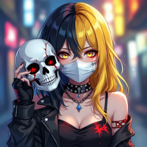 Rockstar girl with skull mask thats whits half way off her face black suductive eyes and a yellow red and blue theme