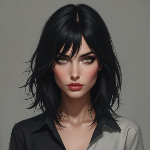Show character head to toe. Create a mid age mysterious woman jet-black hair is cut sharpand her eyes seem to pierce through darkness. A shadowy aura clings to her form,