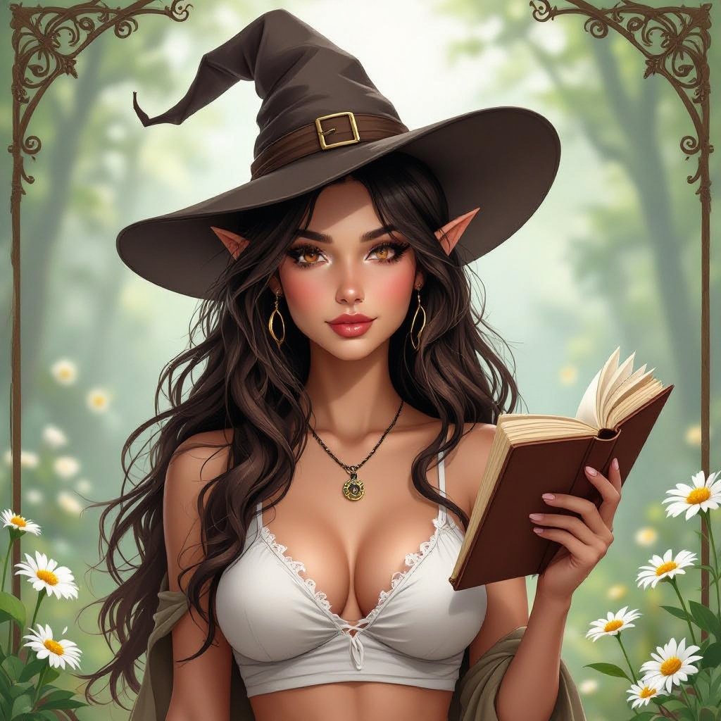 Dark Brown Hair Elf Witch Librariano up in Witches Hat. In Khaki Daisy Dukes and White bathing suit top